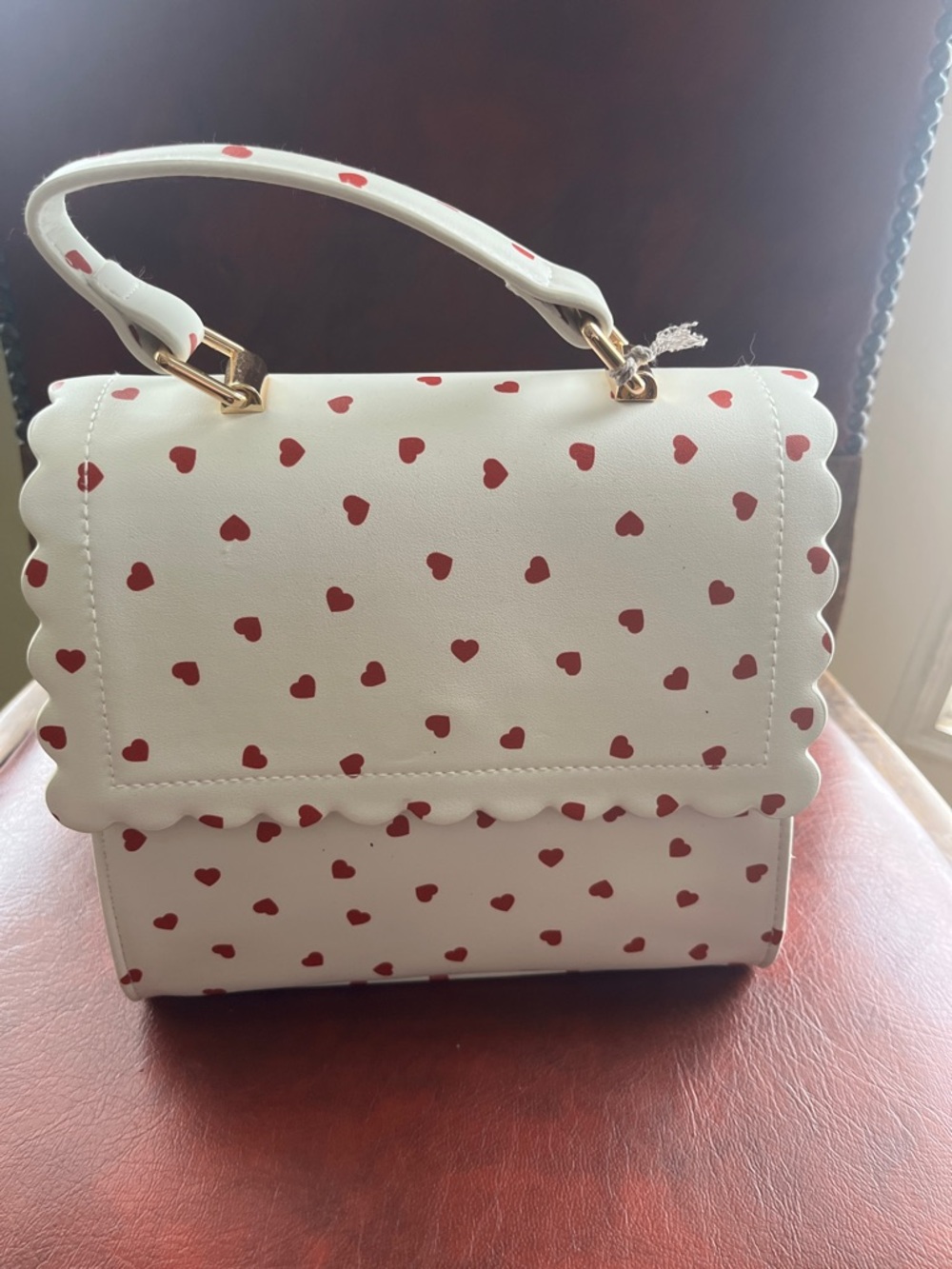 A New Day White Satchel with Red Heart Print